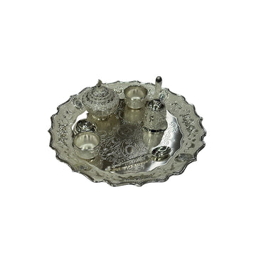 Ornate Silver Pooja Thali Set with Decorative Bell and Spoon