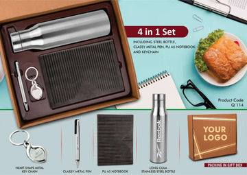 4 in 1 Gray Set: Metal Keychain, SS Bottle, Metal Pen and A5 PU Notebook in Kraft Gift Box: Gray