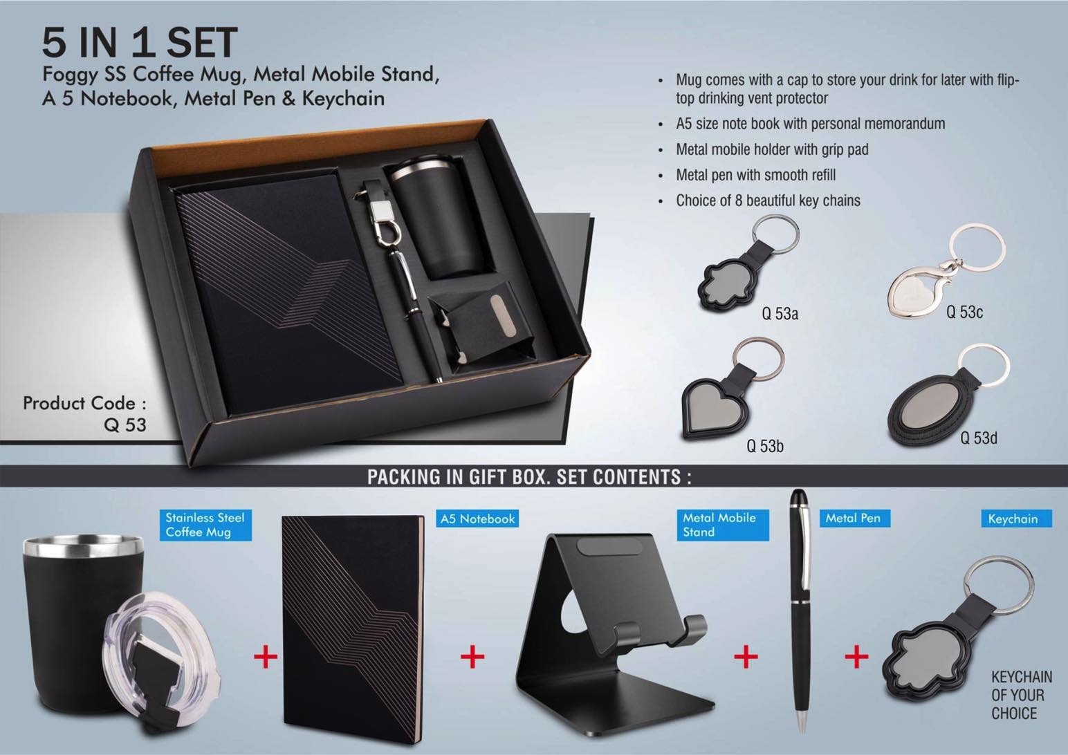 5 in 1 Set: Foggy SS Coffee Mug, Metal Pen, Metal Mobile Stand, A5 Notebook and Keychain: Black