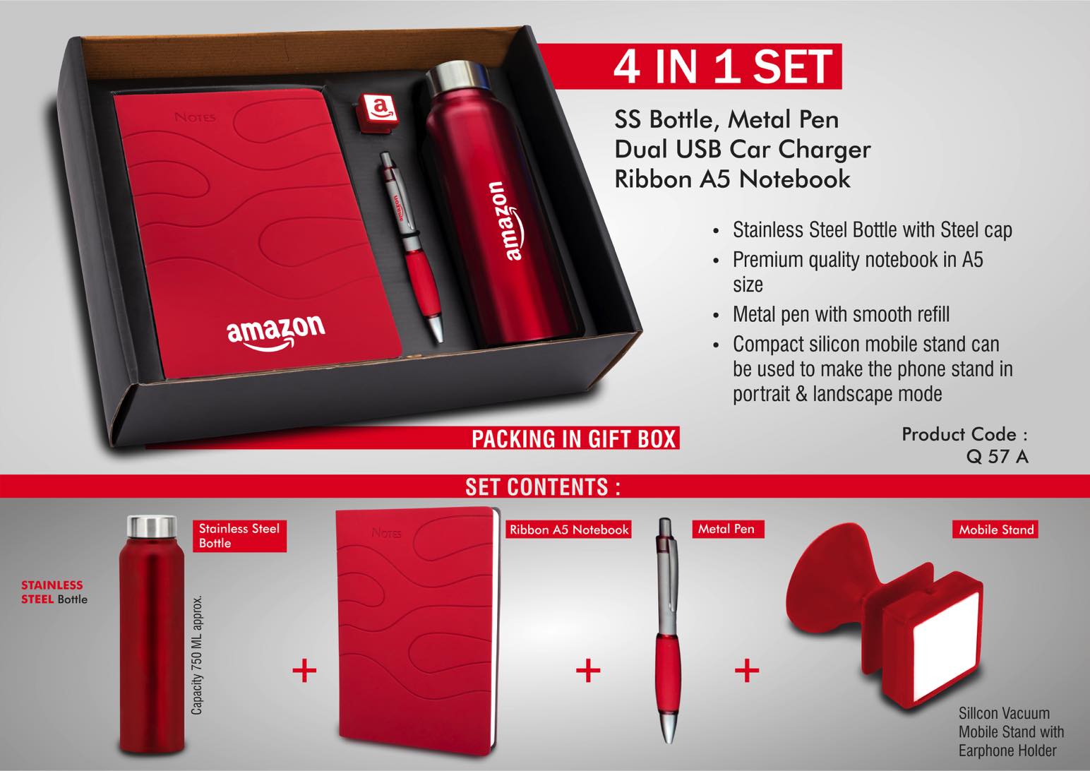 4 in 1 Set: Steel Bottle, Metal Pen, Silicon Mobile Stand, Ribbon PU Notebook: Red