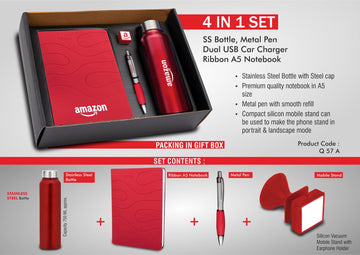 4 in 1 Set: Steel Bottle, Metal Pen, Silicon Mobile Stand, Ribbon PU Notebook: Red