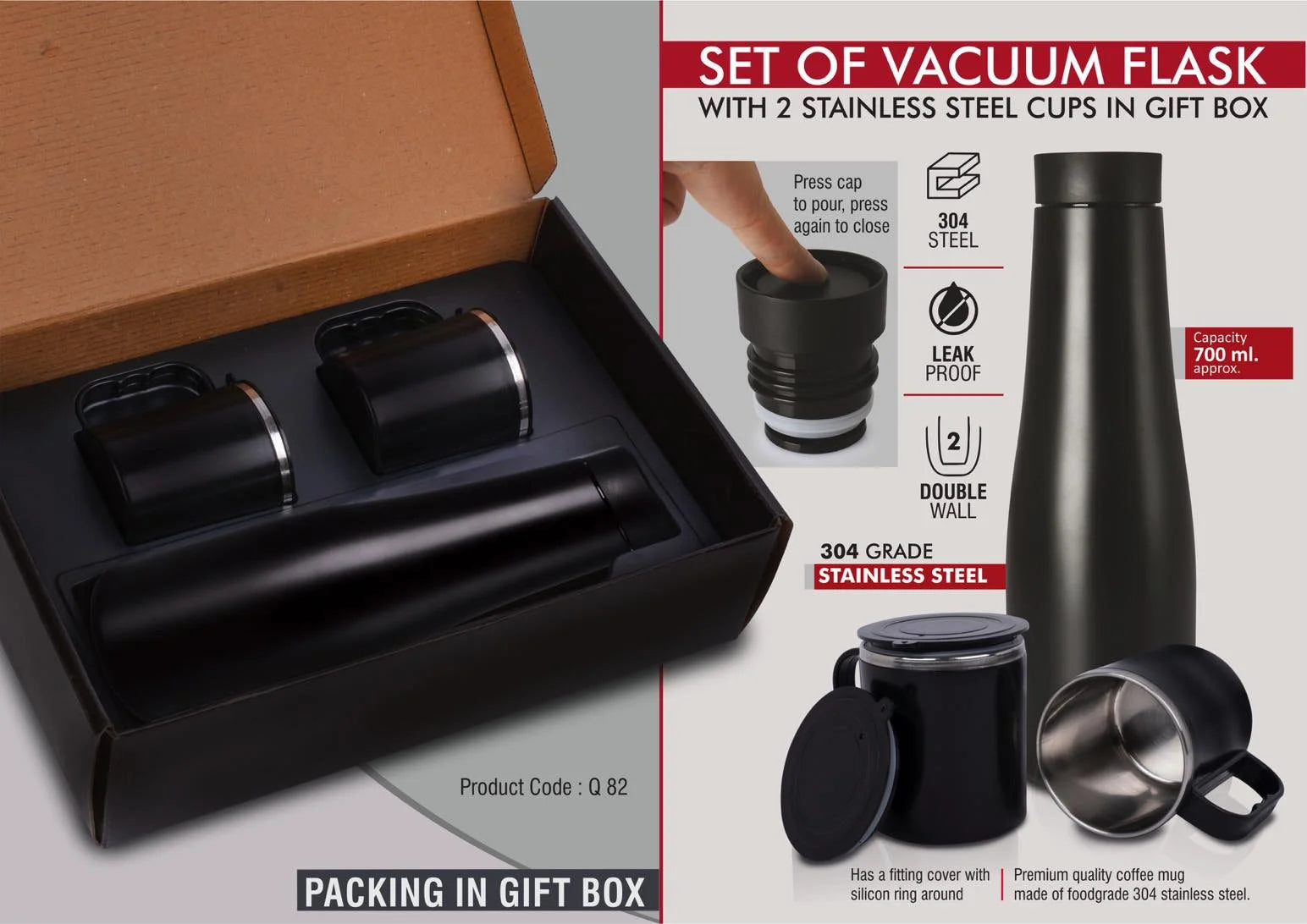 Set of Vacuum Flask with 2 Stainless Steel Cups in Gift Box