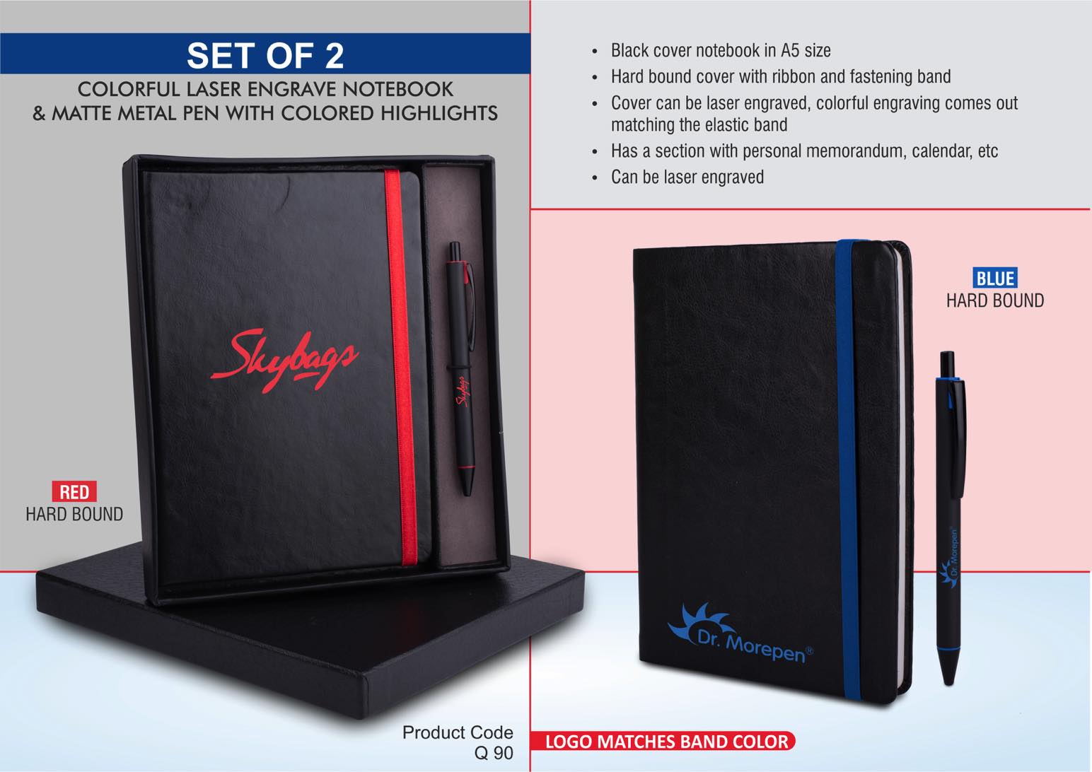 Laser Engrave Color Notebook with Metal Highlight Pen Gift Set in Premium Box: Blue