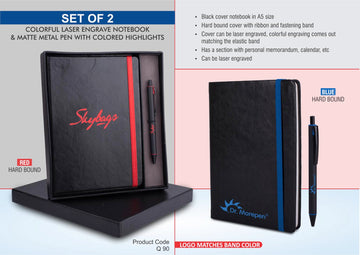 Laser Engrave Color Notebook with Metal Highlight Pen Gift Set in Premium Box: Blue