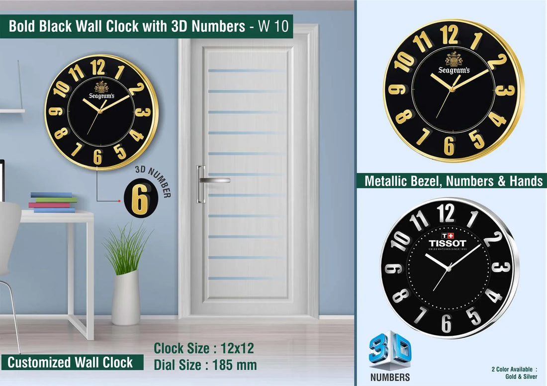 Bold Black Wall Clock with 3D Numbers | with Metallic Bezel, Numbers and Hands | Branding included MOQ 100pc Golden