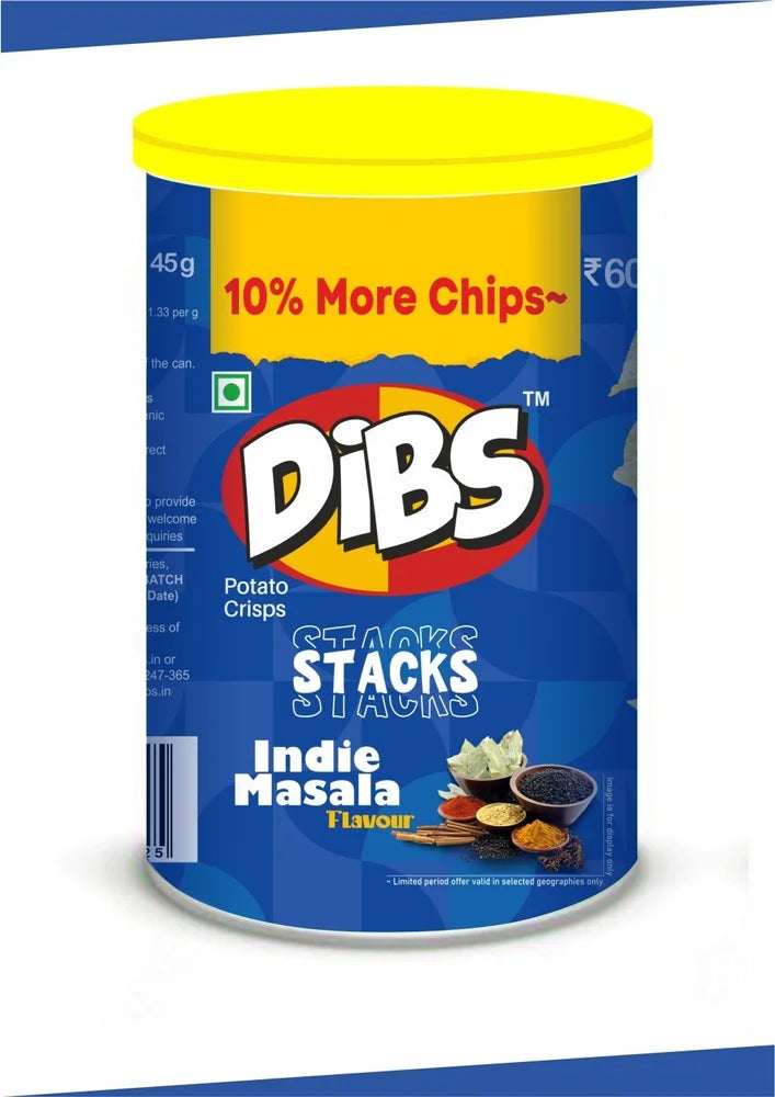 Dibs Stacks Potato Crisps Stackable Chips Indian Masala Flavour 45g