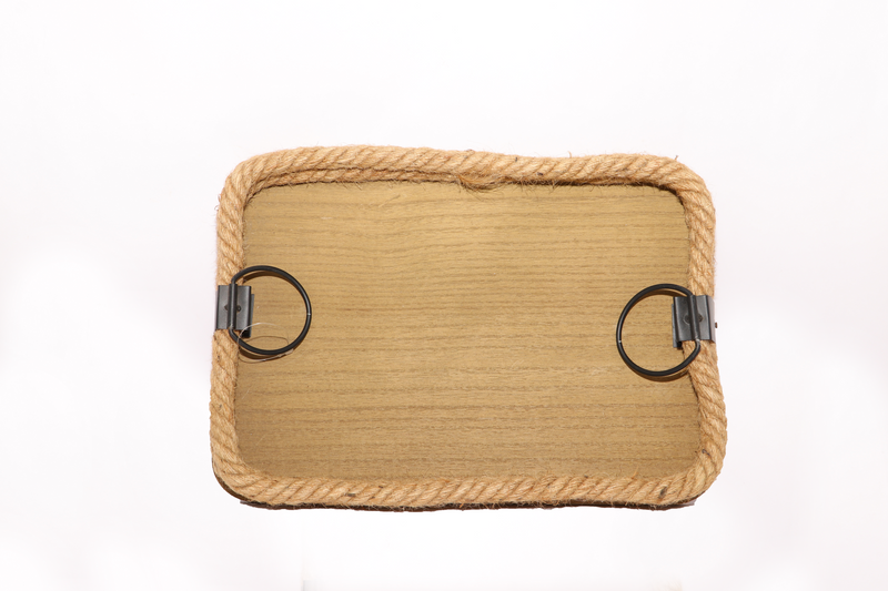 Rectangular Wooden Brown Tray with Rope Border & Round Handle&