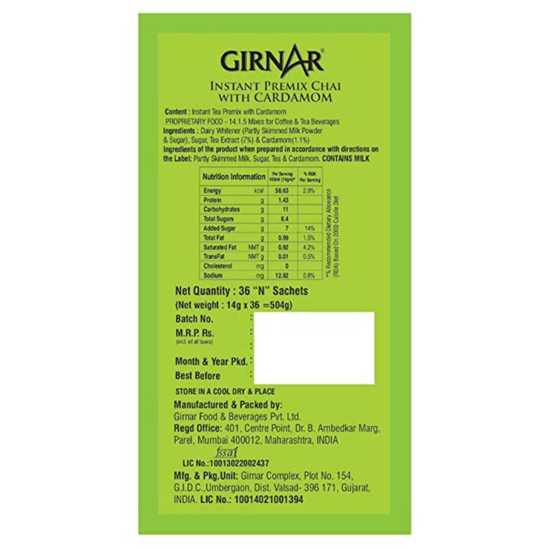 Girnar Instant Tea Premix Cardamom Chai 36 Sachets - Box