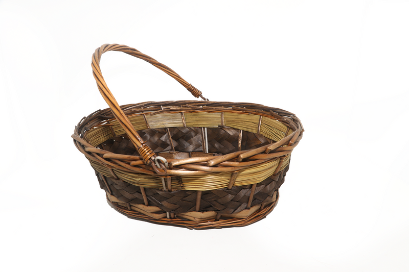 Round Veneer Rattan Dark Brown Basket with Foldable Handle