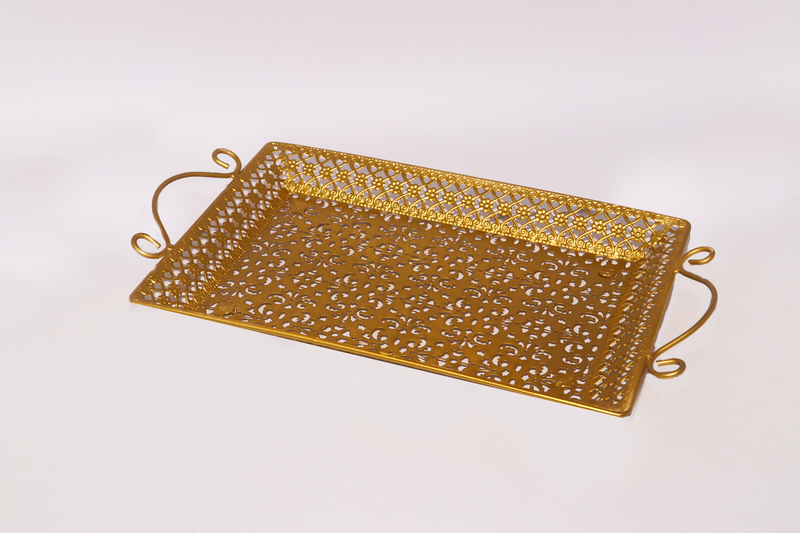 Rectangular Shape Designer Golden  Metal Tray with Handle