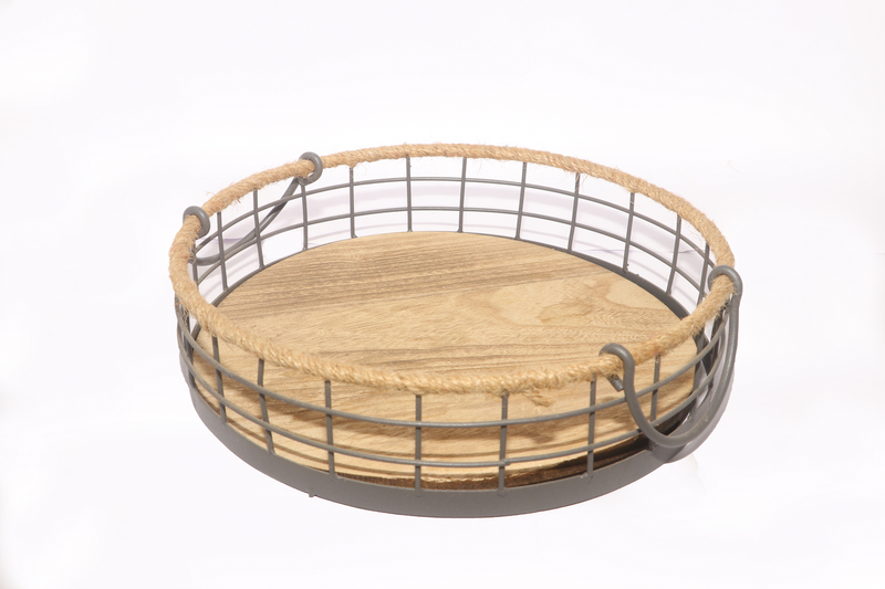 Round Wooden Metal Border Tray with Handle
