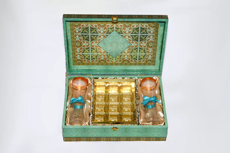 Rectangle Italian Mosaic Lacquer Polish Box with 12 Sq Cavities and 2 Jars