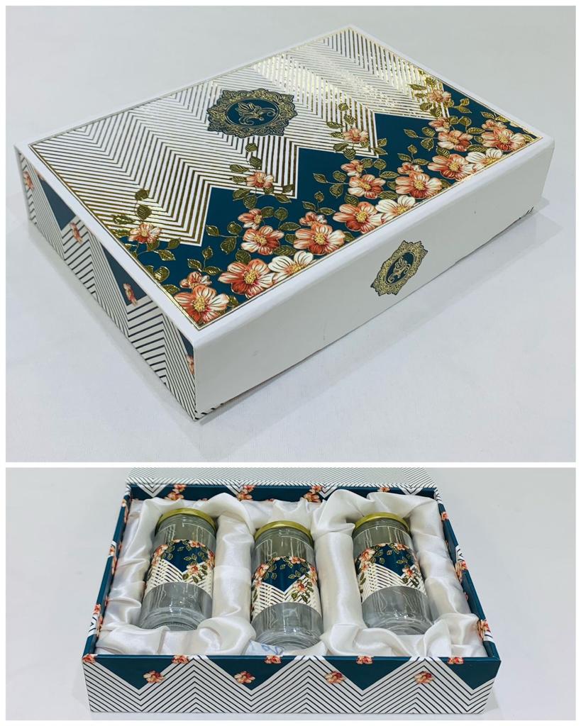 Cherish Hard Paper Box Square (30x21x6.5cm) Premium Hamper Box with 3 Glass Jars Useful For Dry Fruits Hampers