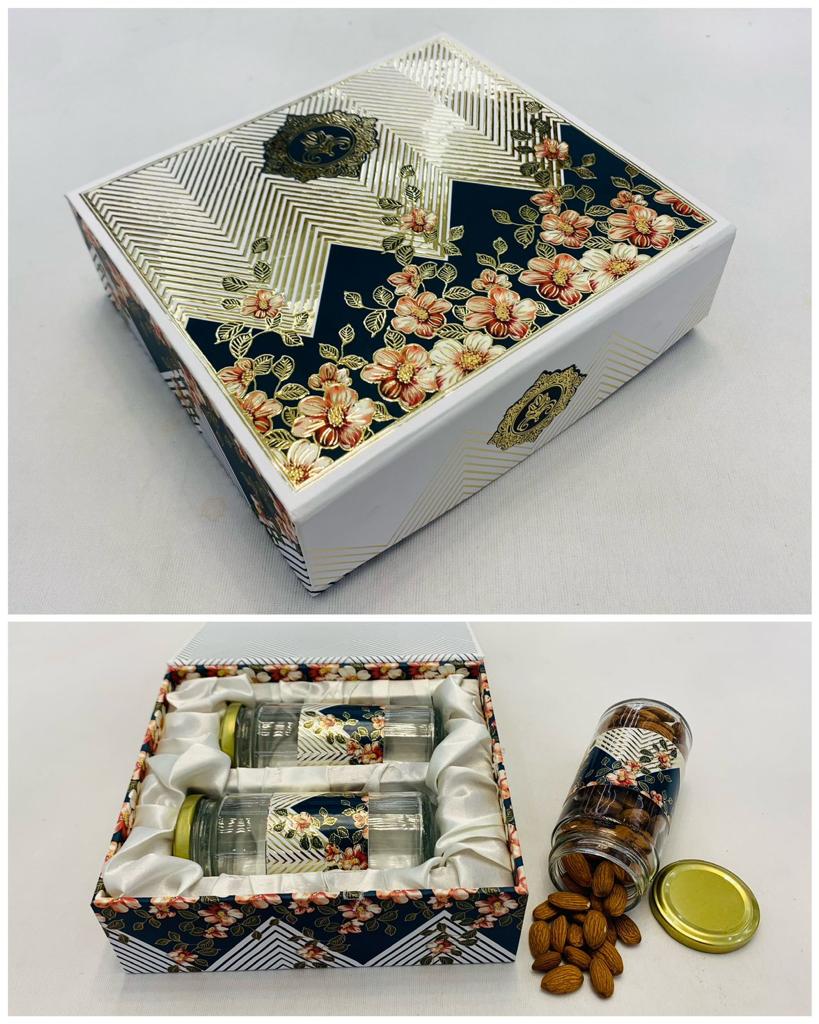 Cherish Hard Paper Box Square (20x18.5x6.5cm) Premium Hamper Box with 2 Glass Jars Useful For Dry Fruits Hampers