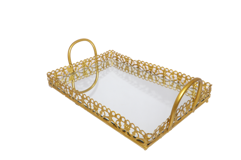 Rectangle Metallic Golden Tray with Glass Base with Handle